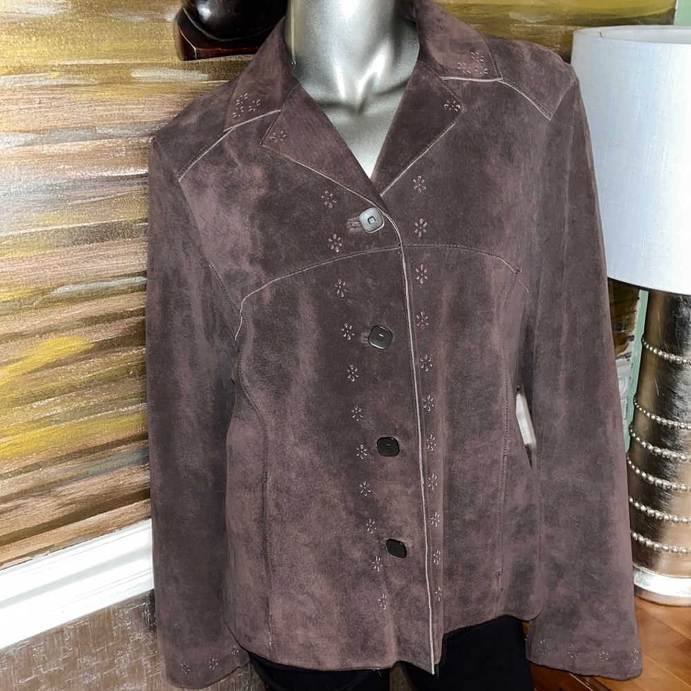 Sigrid Olson Brown Distressed Soft Suede Top Jack… - image 3